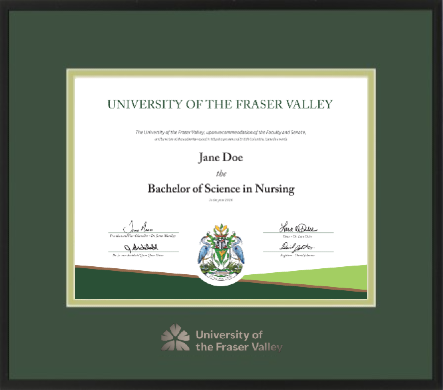 Satin black metal diploma frame with silver embossed UFV logo